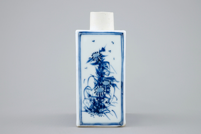 A fine Chinese blue and white landscape tea caddy, Kangxi