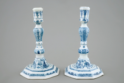 A pair of Chinese blue and white candlesticks, Qianlong, 18th C.
