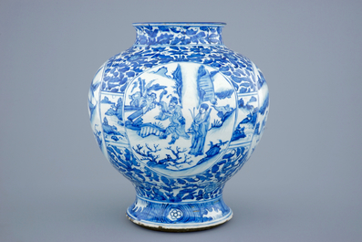 A large Chinese blue and white baluster jar with figurative panels, Ming Dynasty