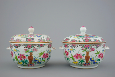 Twee paar Chinese famille rose dekselterrines, Qianlong, 18e eeuw