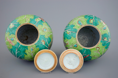 A pair of Chinese "cabbage and insects" ginger jars and covers, 19th C.