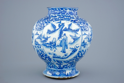 A large Chinese blue and white baluster jar with figurative panels, Ming Dynasty
