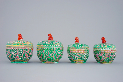 Four Chinese Bencharong porcelain thai market boxes and covers, 19th C.