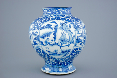 A large Chinese blue and white baluster jar with figurative panels, Ming Dynasty