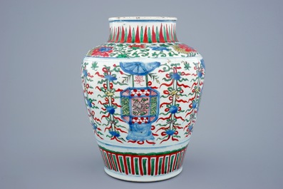 A Chinese Transitional wucai vase wuth buddhist emblems, Shunzhi, 1643-1661