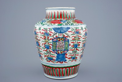A Chinese Transitional wucai vase wuth buddhist emblems, Shunzhi, 1643-1661