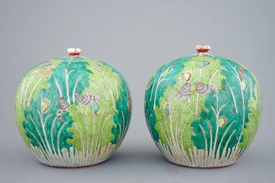 A pair of Chinese "cabbage and insects" ginger jars and covers, 19th C.
