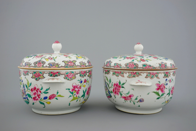 Twee paar Chinese famille rose dekselterrines, Qianlong, 18e eeuw