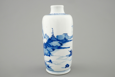 A blue and white Chinese vase with a mountainous landscape, Kangxi