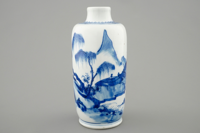 A blue and white Chinese vase with a mountainous landscape, Kangxi