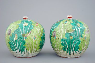 A pair of Chinese "cabbage and insects" ginger jars and covers, 19th C.