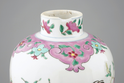 A pair of Chinese famille rose rooster vases and covers, 18/19th C.