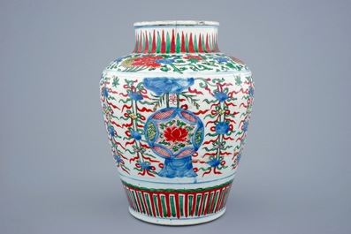 A Chinese Transitional wucai vase wuth buddhist emblems, Shunzhi, 1643-1661