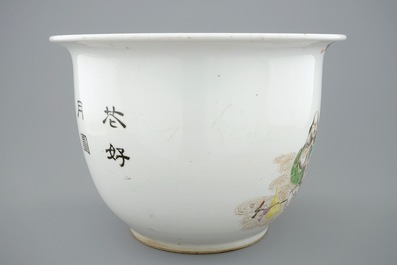 A fine Chinese famille rose flower pot with immortals, 19th C.