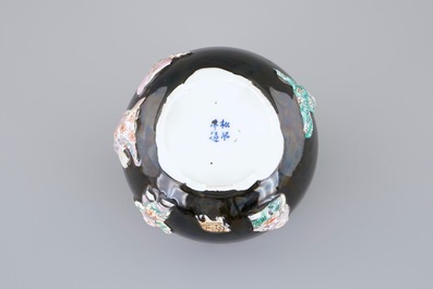 A Chinese famille rose on black-ground moulded censer, 19/20th C.