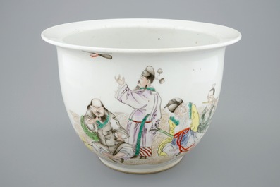 A fine Chinese famille rose flower pot with immortals, 19th C.