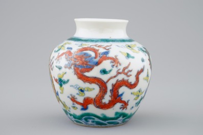 A small Chinese doucai jar vase with dragons among clouds, Qianlong mark, 19th C.