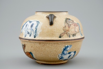 A globular Chinese vase with horses on a crackled brown ground, 18/19th C.