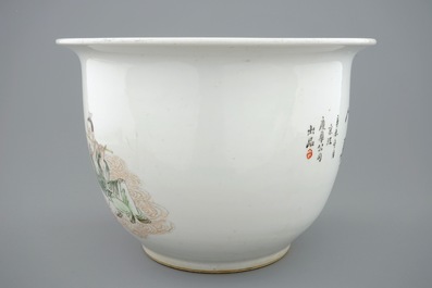 A fine Chinese famille rose flower pot with immortals, 19th C.
