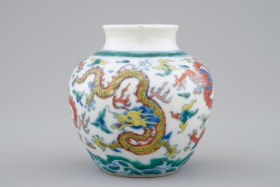 A small Chinese doucai jar vase with dragons among clouds, Qianlong mark, 19th C.