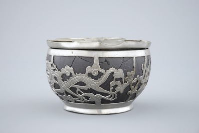A Chinese yixing and pewter part tea service on tray, Shanghai, ca. 1900