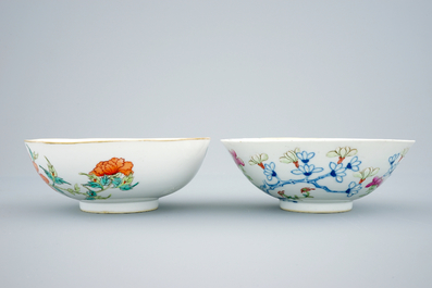 Two Chinese bowls with floral designs and a millefleur plate, 19th C.