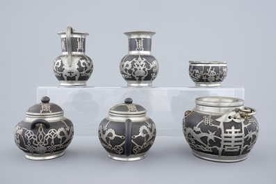 A Chinese yixing and pewter part tea service on tray, Shanghai, ca. 1900