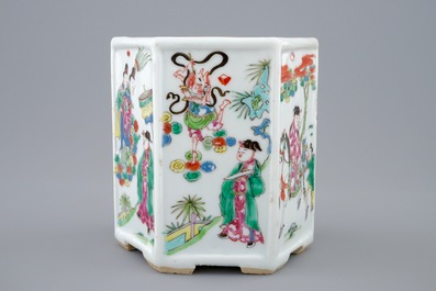 A Chinese hexagonal famille rose brush pot, Yongzheng, 1723-1735