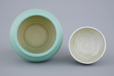 A Chinese turquoise brushwasher, 17/18th C. and a white glazed stem cup, Ming Dynasty, 16/17th C.