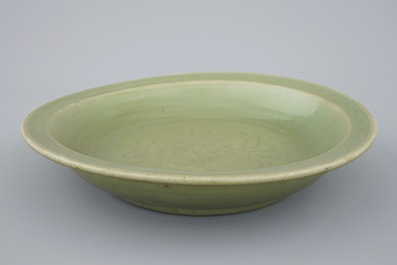 A large Longquan celadon dish with incised floral design, Ming Dynasty, 15th C.