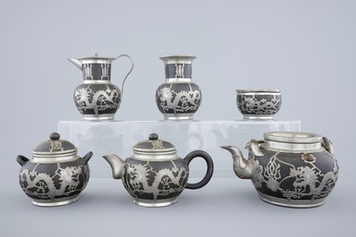A Chinese yixing and pewter part tea service on tray, Shanghai, ca. 1900