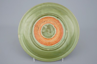 A large Longquan celadon dish with incised floral design, Ming Dynasty, 15th C.