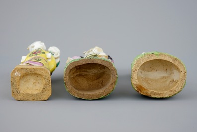 Three Chinese famille rose figures, a ginger jar and a blue and white lotus bowl, 18/19th C.