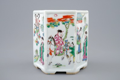 A Chinese hexagonal famille rose brush pot, Yongzheng, 1723-1735