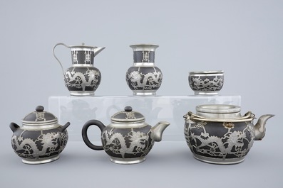 A Chinese yixing and pewter part tea service on tray, Shanghai, ca. 1900