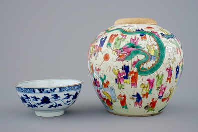 Three Chinese famille rose figures, a ginger jar and a blue and white lotus bowl, 18/19th C.