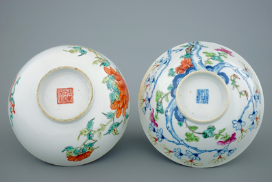 Two Chinese bowls with floral designs and a millefleur plate, 19th C.