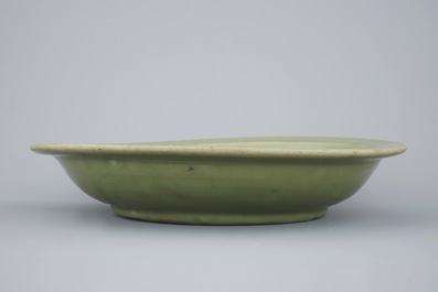 A large Longquan celadon dish with incised floral design, Ming Dynasty, 15th C.