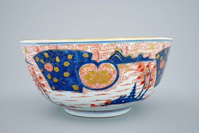 A large Chinese export porcelain Imari style punchbowl, Kangxi
