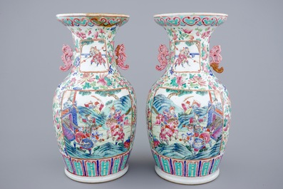 A pair of Chinese famille rose vases with warriors, 19th C.