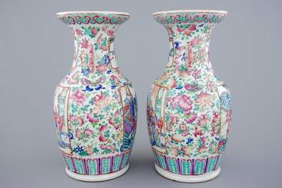 A pair of Chinese famille rose vases with warriors, 19th C.