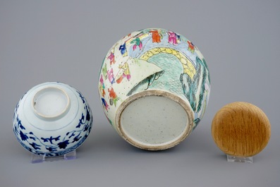 Three Chinese famille rose figures, a ginger jar and a blue and white lotus bowl, 18/19th C.