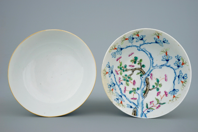 Two Chinese bowls with floral designs and a millefleur plate, 19th C.