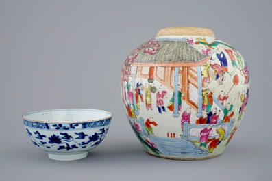 Three Chinese famille rose figures, a ginger jar and a blue and white lotus bowl, 18/19th C.