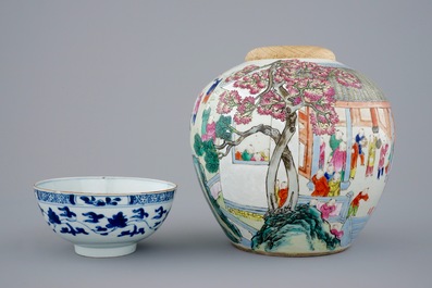 Three Chinese famille rose figures, a ginger jar and a blue and white lotus bowl, 18/19th C.
