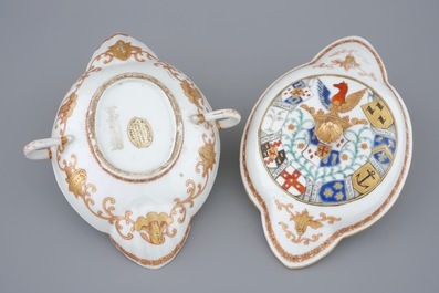 Een Chinese sauskom met deksel met het wapen van Van Reverhorst, Qianlong, ca. 1745
