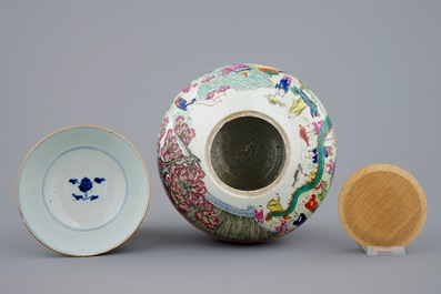 Three Chinese famille rose figures, a ginger jar and a blue and white lotus bowl, 18/19th C.