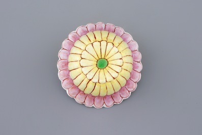 A Chinese famille rose lotus-shaped cup and saucer, Yongzheng, 1723-1735