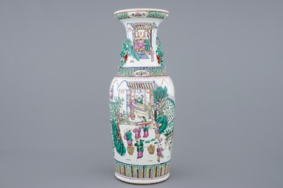 A large Chinese famille rose vase depicting the silk production, 19th C.