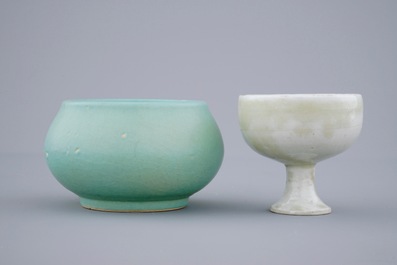 A Chinese turquoise brushwasher, 17/18th C. and a white glazed stem cup, Ming Dynasty, 16/17th C.